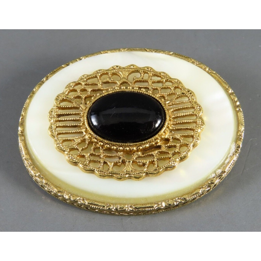 1928 BRAND VTG Brooch Pin Gold Tone BLACK CABOCHON CENTER Mother/Pearl FILIGREE